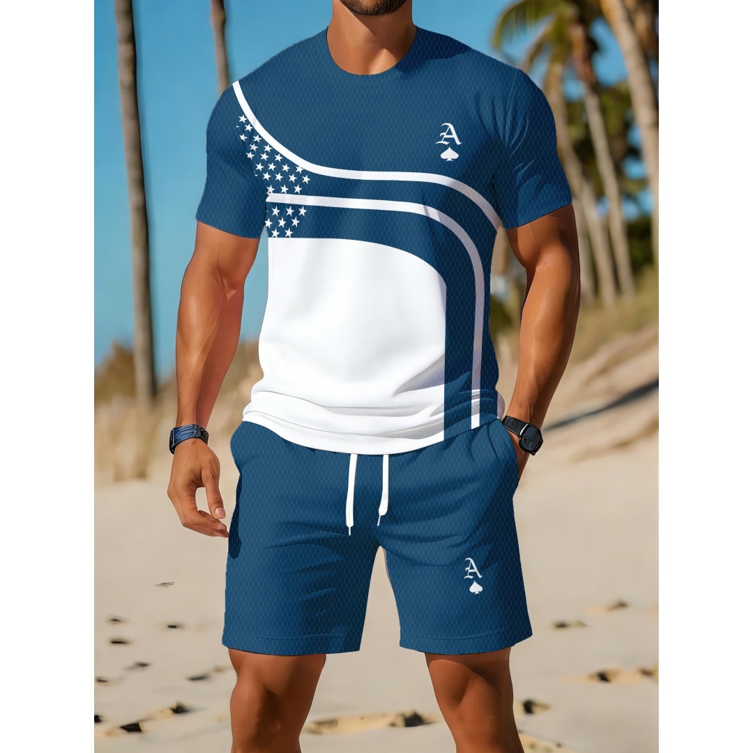Outdoor Sport Is - ชุดเซ็ต 2 ชิ้นสำหรับผู้ชายลายกราฟิกโค้งมน สไตล์ลำลองสำหรับฤดูร้อน เนื้อผ้านุ่ม แห้งเร็ว